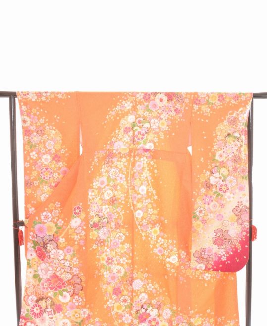 成人式振袖[かわいい]明るいオレンジ裾濃ピンクぼかし・黄ピンクの桜 